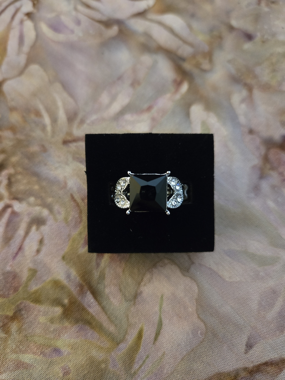 Black Square Stone Ring with Crystal Accents - Women Jewelry